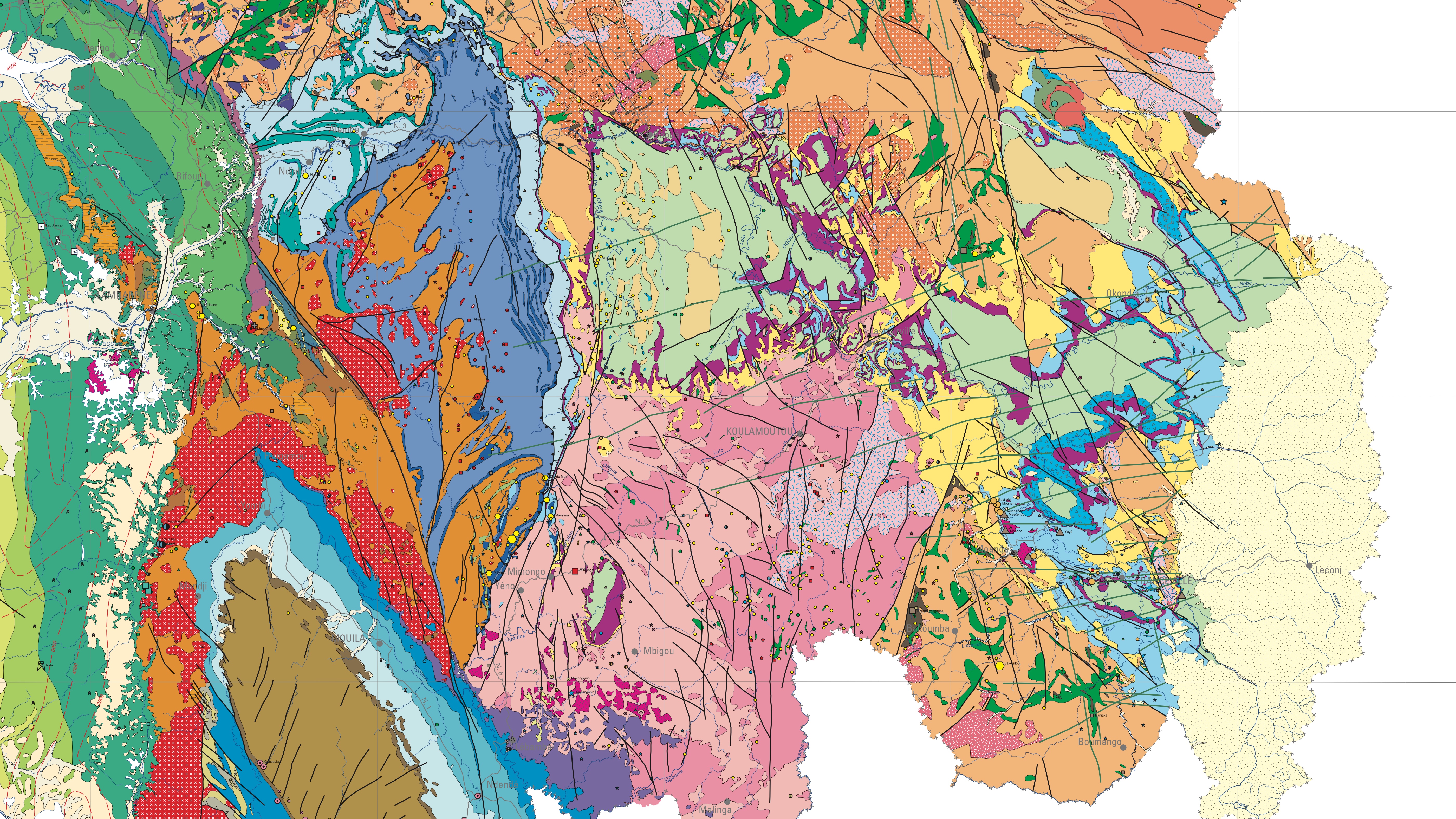 Regional geological survey map detail of Gabon showing fold belts and mineral structures