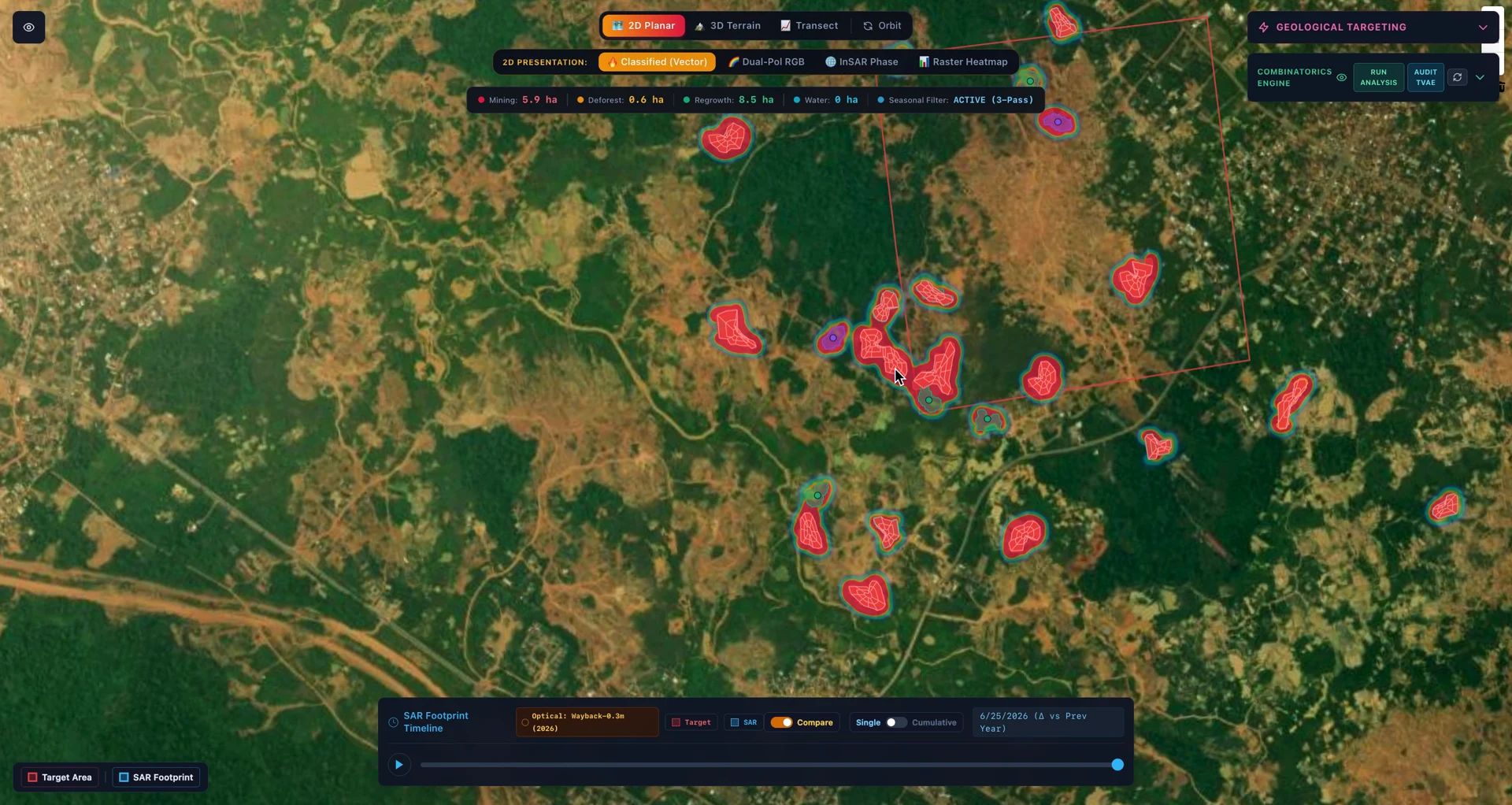 Blockdor SAR Tracker interface showing mapped surface-change areas