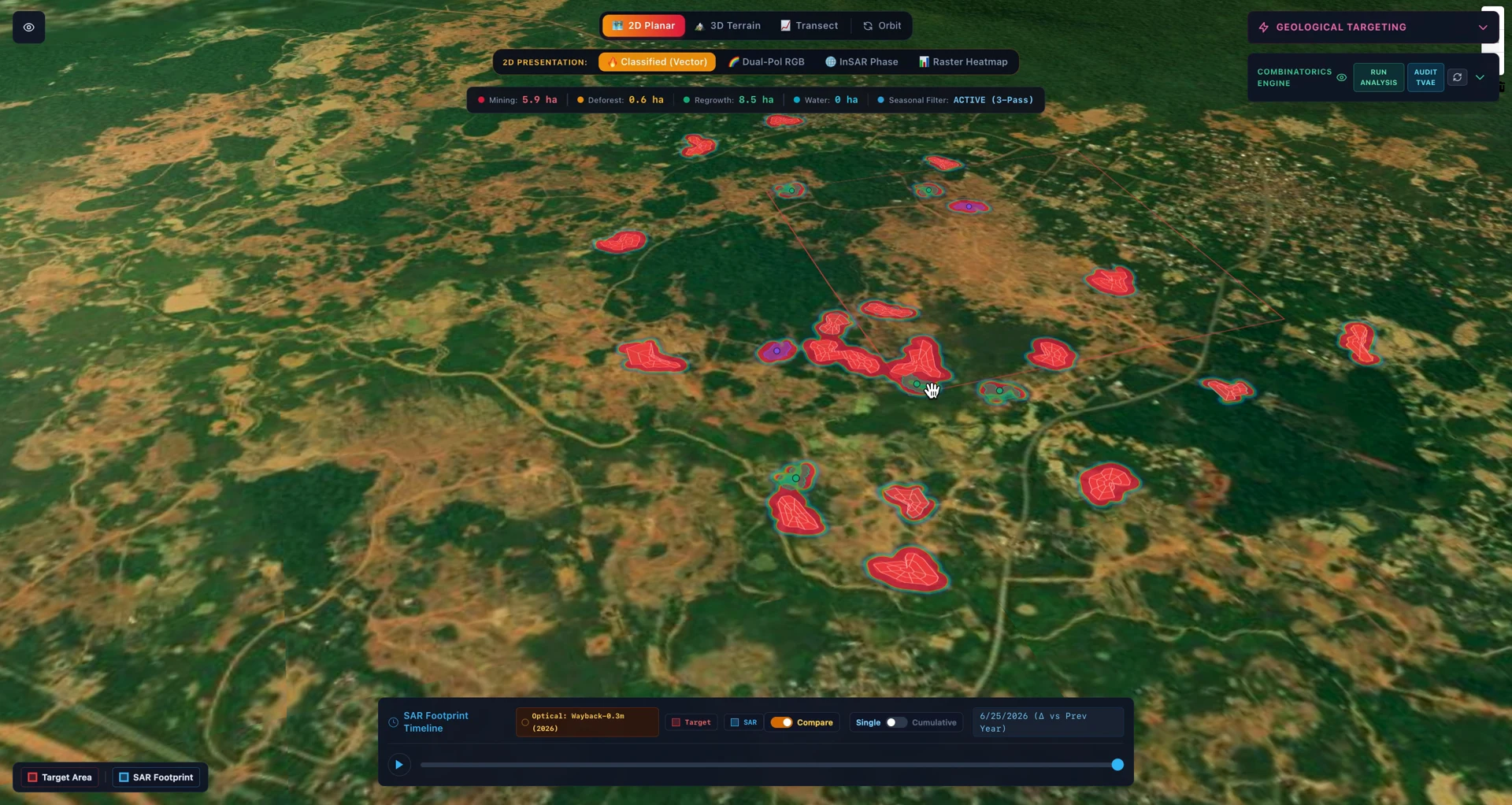 Blockdor SAR Tracker terrain view with mapped areas of surface change and a comparison timeline
